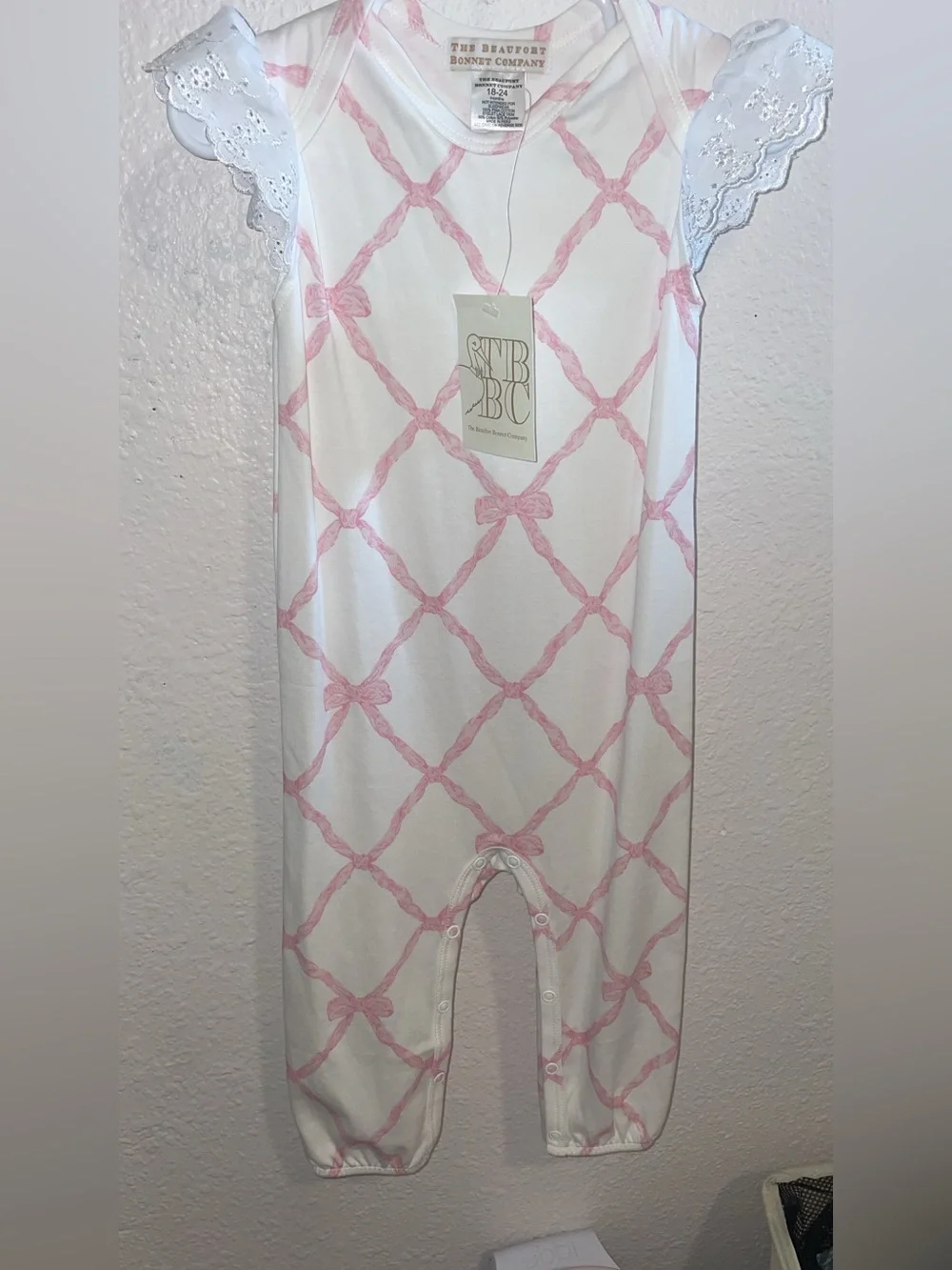 The Beaufort Bonnet Company White Romper with Pink Bow Lattice - Picture 1 of 1